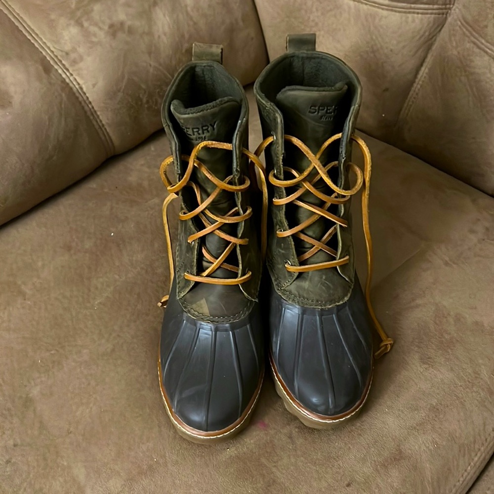 Sperry Saltwater Olive Green Brown Heel Rain Duck Boots Women’s 8.5